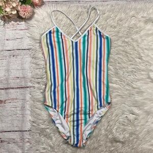 Shoshanna Swimwear Rainbow Multi Striped V-neck One Piece Swimsuit